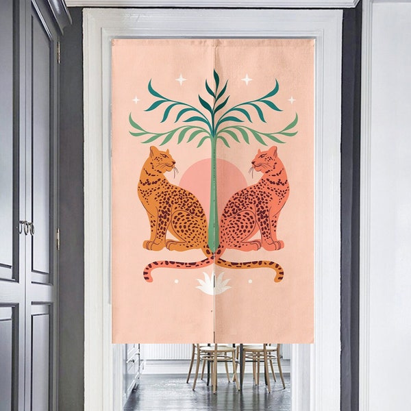 Rideau de porte imprimé d’art léopard rose Noren, fond de tapisserie de décoration murale, esthétique rose grand chat étoile coton lin mélangé rideau de porte,