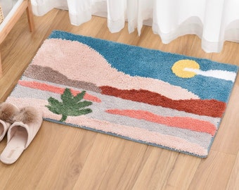 Handcrafted Bath Mat 50x80cm, Tufted Plush Washable Bath Rugs,Beach Scenery Landscape Bathroom Decor Mat,Embossed Abstract Landscape Bathmat