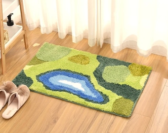 Ultra Soft 3D Moss Pond Bathmat, Washable Accent Mimic Moss Bath Mat,Nature Green Lush Meadow Landscape Handmade Tufted Bathroom Mat Set