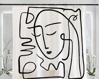 Line Art Shower Curtain, Abstract Women Line Shower Curtain 71&quot;*71/180*180cm, Line Art Home Decor, Lady Face Illustration Sketch Art Print