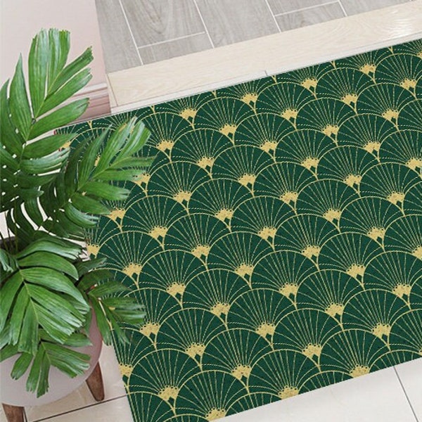 Entryway Doormat Green Palm Leaf Art Coil Mat,Dirt Remove Washable Utility Door Mat,Indoor Outdoor CoilMat,Rubber Backing Cat Litter Mat