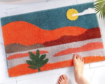 Handcrafted Bath Mat 50x80cm, Tufted Plush Bath Rugs, Washable Bathroom Decor Mat, Embossed Abstract Sunset Landscape Bathmat