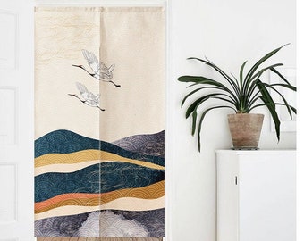 Cortina Noren de puerta con diseño de grulla japonesa, tapiz artístico para decoración del hogar, cortina de lino y algodón, 85 x 140 cm (33,5 x 55 pulgadas)