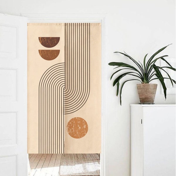 Rideau Noren de porte d'art de formes abstraites, décor de fond d'appel vidéo de tapisserie murale, rideau de porte en lin de coton imprimé d'art moderne, division de pièce