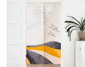 Japanese Crane Doorway Noren Curtain, Art Wall Tapestry for Home Decor, Cotton Linen Curtain, 33.5x55in or 85x140cm, Fabric Room Dividers