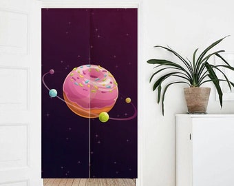 Unique Hand Drawn Universe Donut Print Doorway Curtain Noren,Wall Decor Tapestry Background,Modern Cute Cotton Linen Blended Curtain