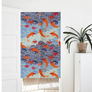 Oriental Japanese Fish Print Doorway Curtain Noren,Wall Decor Tapestry Background,Lucky Fish Maple Leaves Print Cotton Linen Blended Curtain