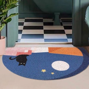 PVC Coil Doormat 75x45cm, Half Moon Shape Utility Door Mat, Washable Dirt Removal Entryway Doormat, Cute Hand Draw Cat Print Coil Doormat image 1