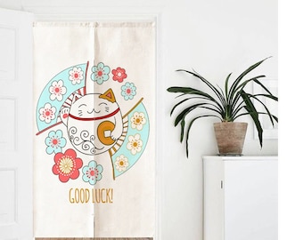 Cortina Noren para puerta Maneki Neko, tapiz artístico para pared, decoración del hogar, cortina de lino y algodón, 85 x 140 cm, divisor de ambientes japonés Noren