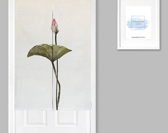 May include: A white canvas room divider with a watercolor painting of a green lotus leaf and a pink lotus bud. The divider is hanging on a white door.