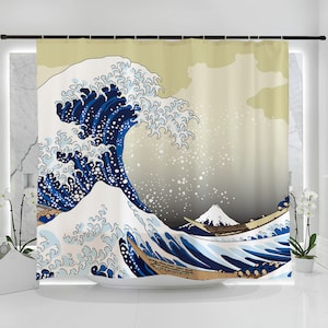 Japanese Ukiyo-e Great Wave Fuji Mountain Art Print Shower Curtain Bathroom,Waterproof Washable Aesthetic Artwork Decor Shower Curtain