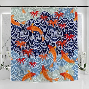 Cortina de chuveiro japonesa com estampa de arte ondulada de peixe Koi, à prova d'água e lavável, 71 x 71 pol., Cortina de chuveiro moderna com estampa de peixe da sorte no oceano