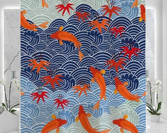 Japanese Koi Fish Wavy Art Print Shower Curtain Bathroom,Waterproof Washable 71X71in, Lucky Fish in The Ocean Print Modern Shower Curtain