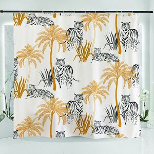 May include: White shower curtain with a repeating pattern of black and white tigers and gold palm trees.