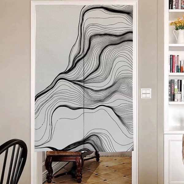 Cortina de puerta Noren con arte abstracto en blanco y negro, tapiz de pared para decoración del hogar, cortina de lino y algodón, impresión de arte contemporáneo abstracto.