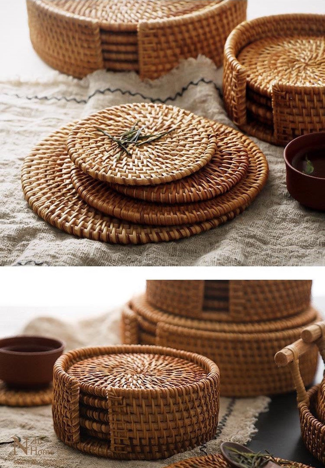 Handmade Rattan Coaster Wicker Coaster Set Round Straw Woven Etsy