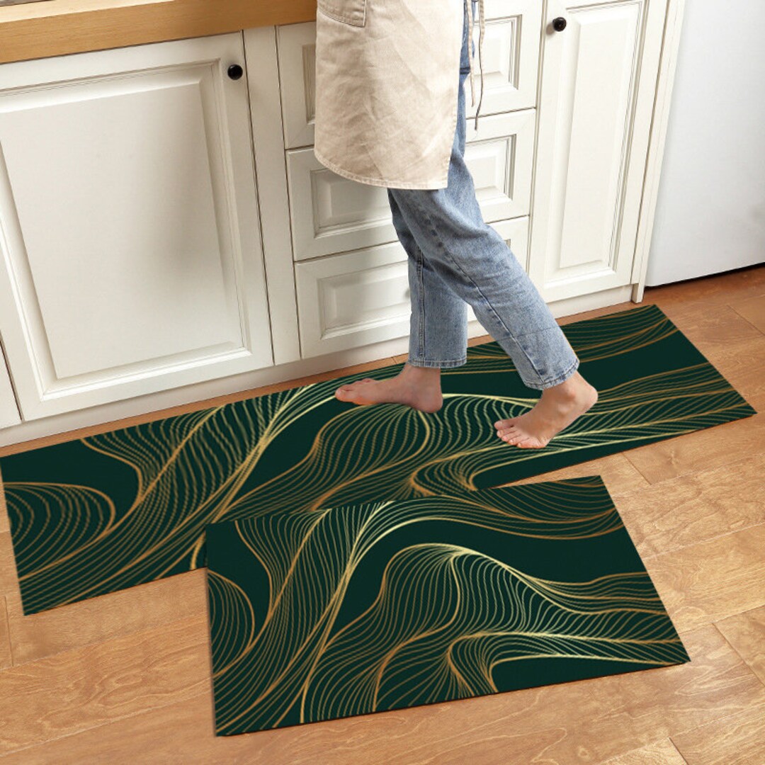 Easy Care Green Vinyl Kitchen Mat, Geometric Modern Line Art Washable ...