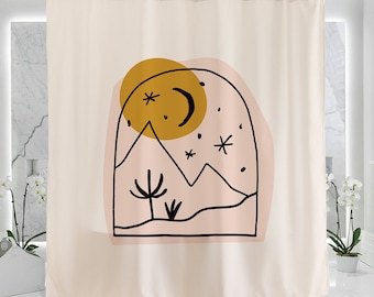 Hand gezeichneter Pastellwüstenlandschafts-Duschvorhang Badezimmer, wasserdicht waschbar 71 x 71 Zoll, einfacher moderner abstrakter Wüstenmond-Duschevorhang