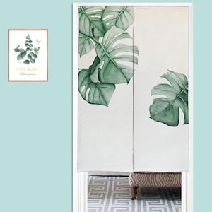 Watercolour Monstera Leaves Painting Noren Doorway Curtain,Tapestry Background Wall Hanging,Cotton Linen Doorway Curtain Fabric Room Divider