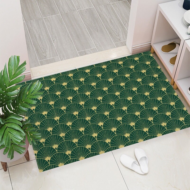 Entryway Doormat Green Palm Leaf Art Coil Mat,Dirt Remove Washable Utility Door Mat,Indoor Outdoor CoilMat,Rubber Backing Cat Litter Mat