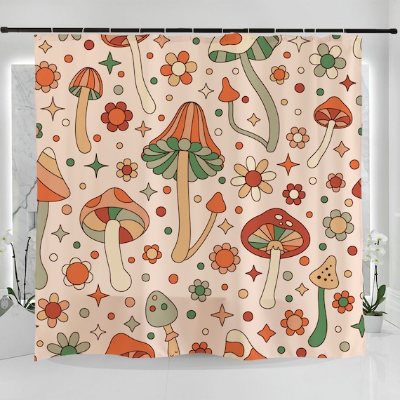 Hand Drawn Groovy Mushrooms Art Illustration Shower Curtain Bathroom,Waterproof Washable 71X71in, Retro Mushroom Fungus Art