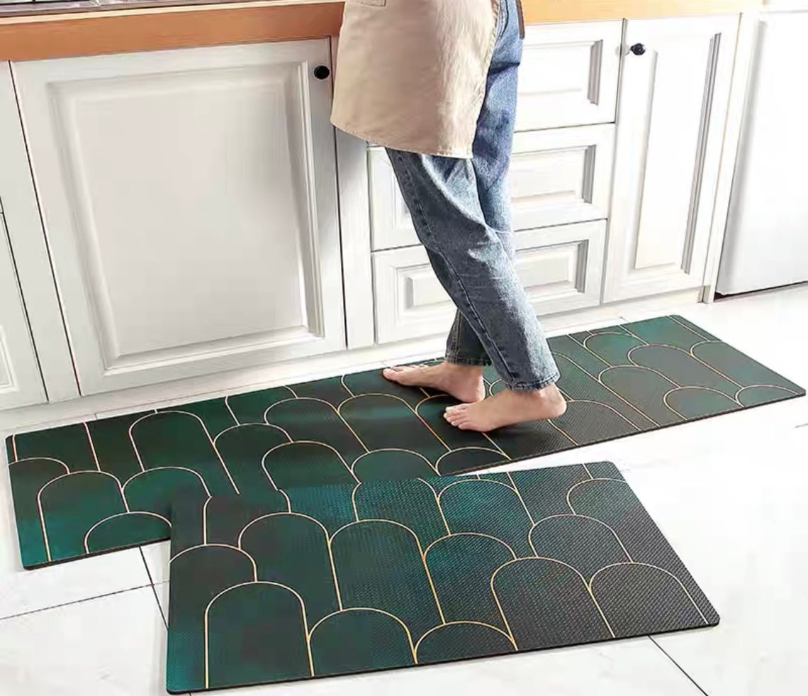 PVC Green Kitchen Mat Geometric Gold Liner Washable Etsy