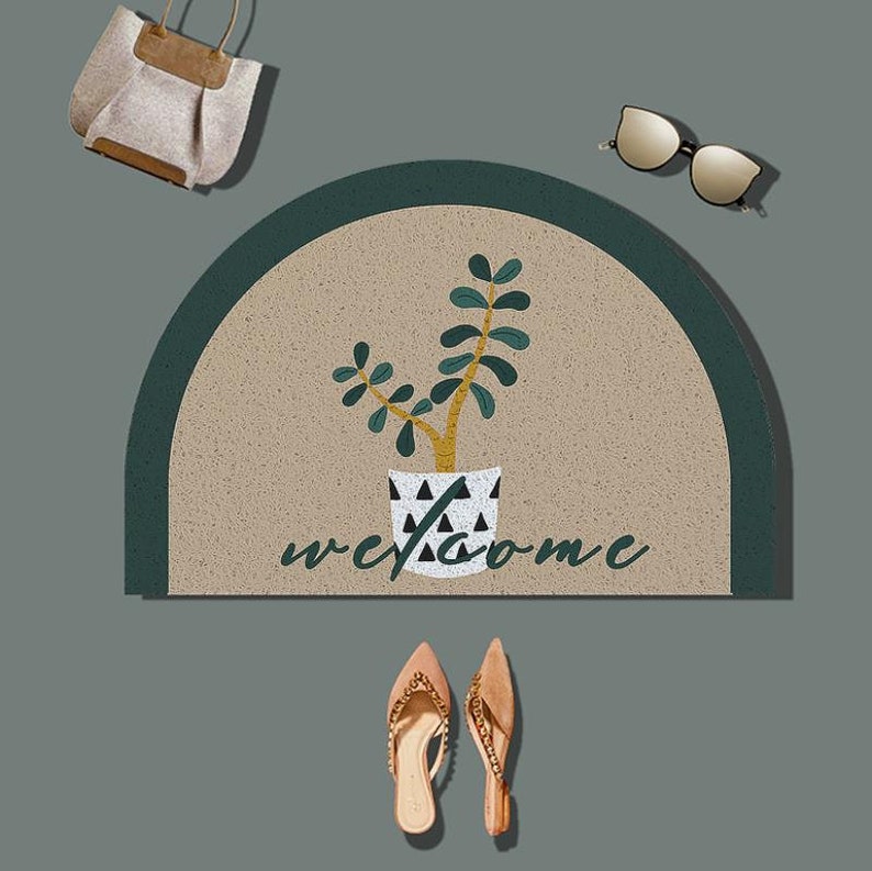 Half Moon Shape Floormat Washable Entryway Doormat Patio Doormat 75x45cm Floral Plants Doormat Rug