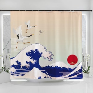 Japanese Ukiyo-e Great Wave Pattern Art Illustration Shower Curtain Bathroom,Waterproof Washable Aesthetic Artwork Decor Shower Curtain