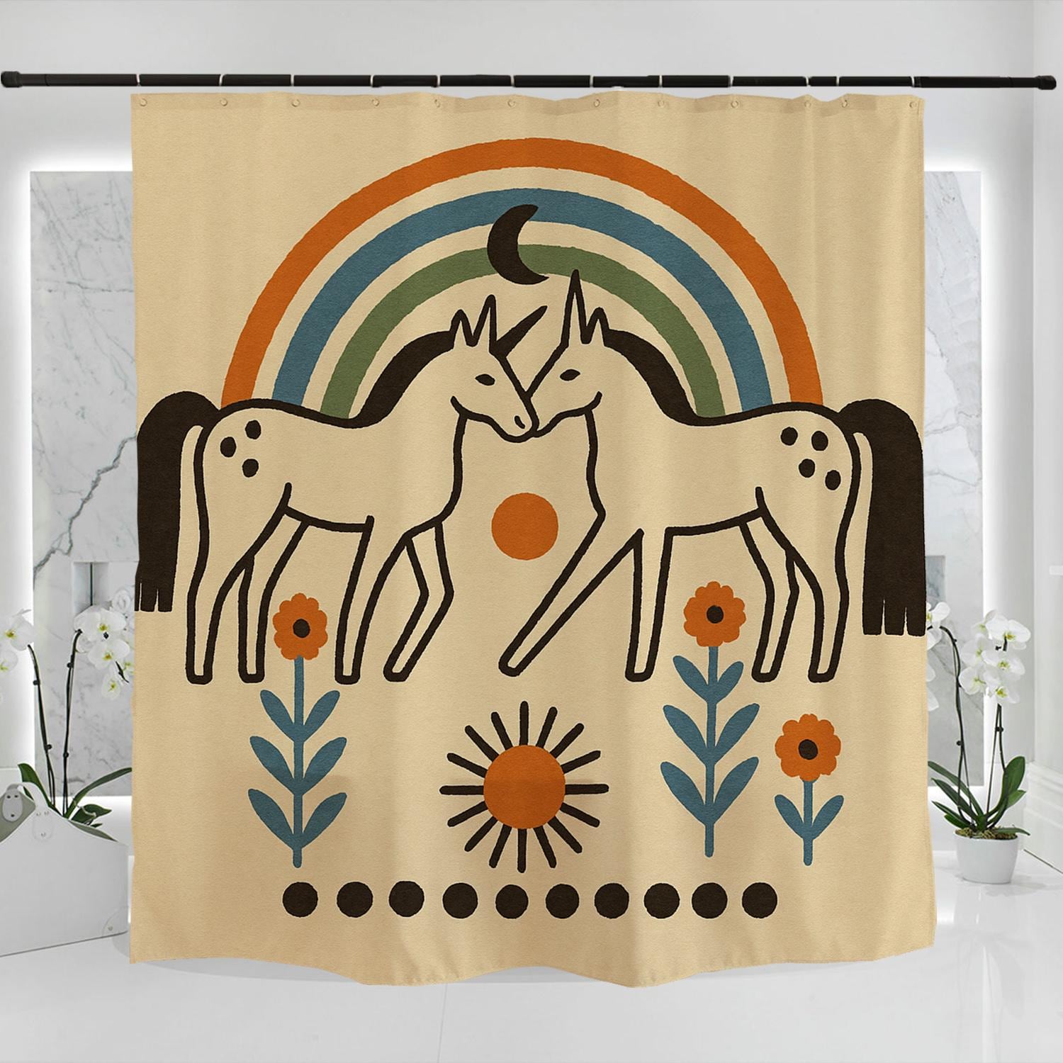 HandDrawn Cute Unicorns with Rainbow Floral Waterproof Washable 71X71in Bathroom Shower Curtain, Whimsical Art Illustration Shower Curtain