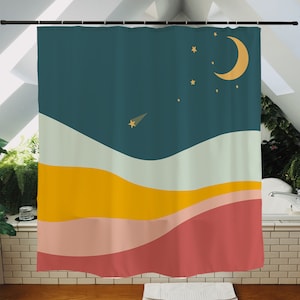 Shower Curtain for Bathroom, Waterproof Washable 71*71in/180*180cm with Hooks, Landscape Moon Mountain Star Shower Curtain, Minimalism