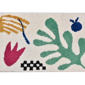 Hand Tufted Bath Mat 50x80cm, Soft Plush Bathmat, Washable Bathroom Mat, Matisse Inspired Abstract Green Leaf Flower Childish Bath Mat