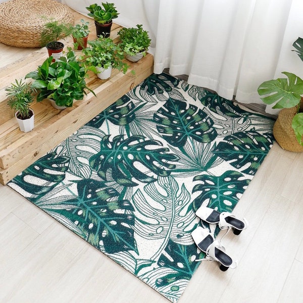 Tropical Monstera Leaves Doormat 75x45cm,Washable Botanic Print Utility Door Mat,Dirt Remove Entryway Coil Mat,Indoor Outdoor Coil Mat