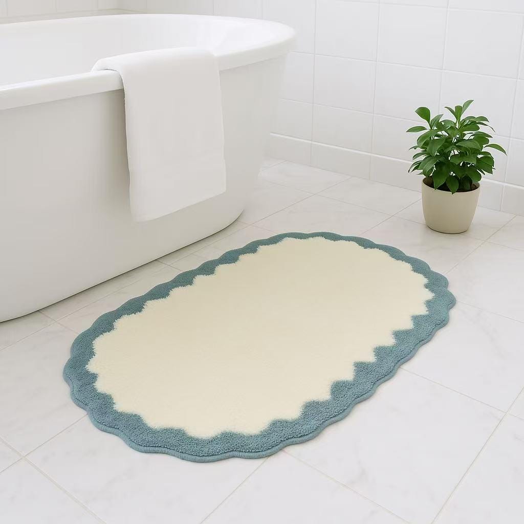 Handcrafted Scalloped Bath Mat 50x80cm, Tufted Plush Washable Bath Rugs,White Blue Bathroom Decor Mat,Cute Simple Modern Shell Bathmat