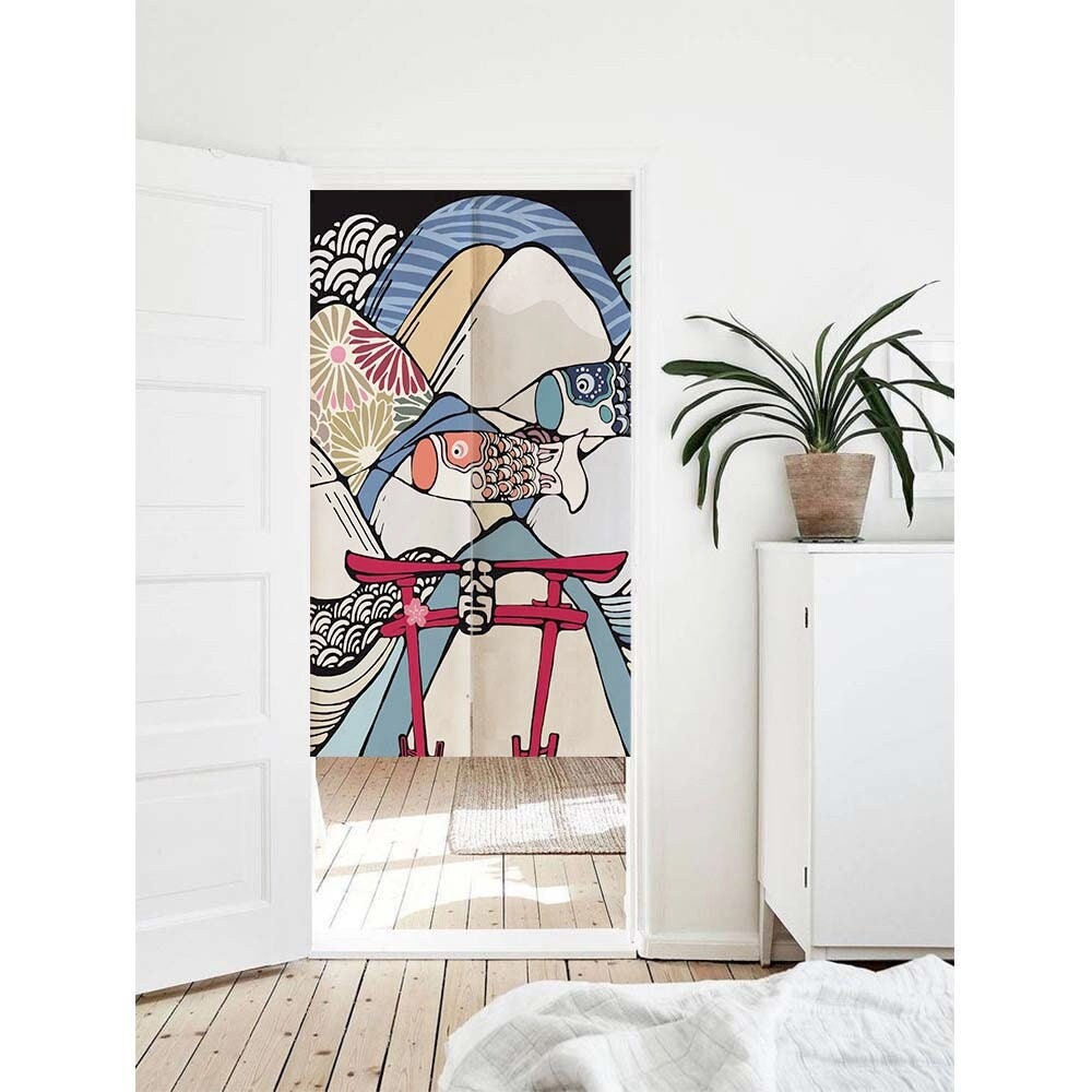 Hand Drawn Japanese Kimono Doorway Noren Curtain, Art Wall