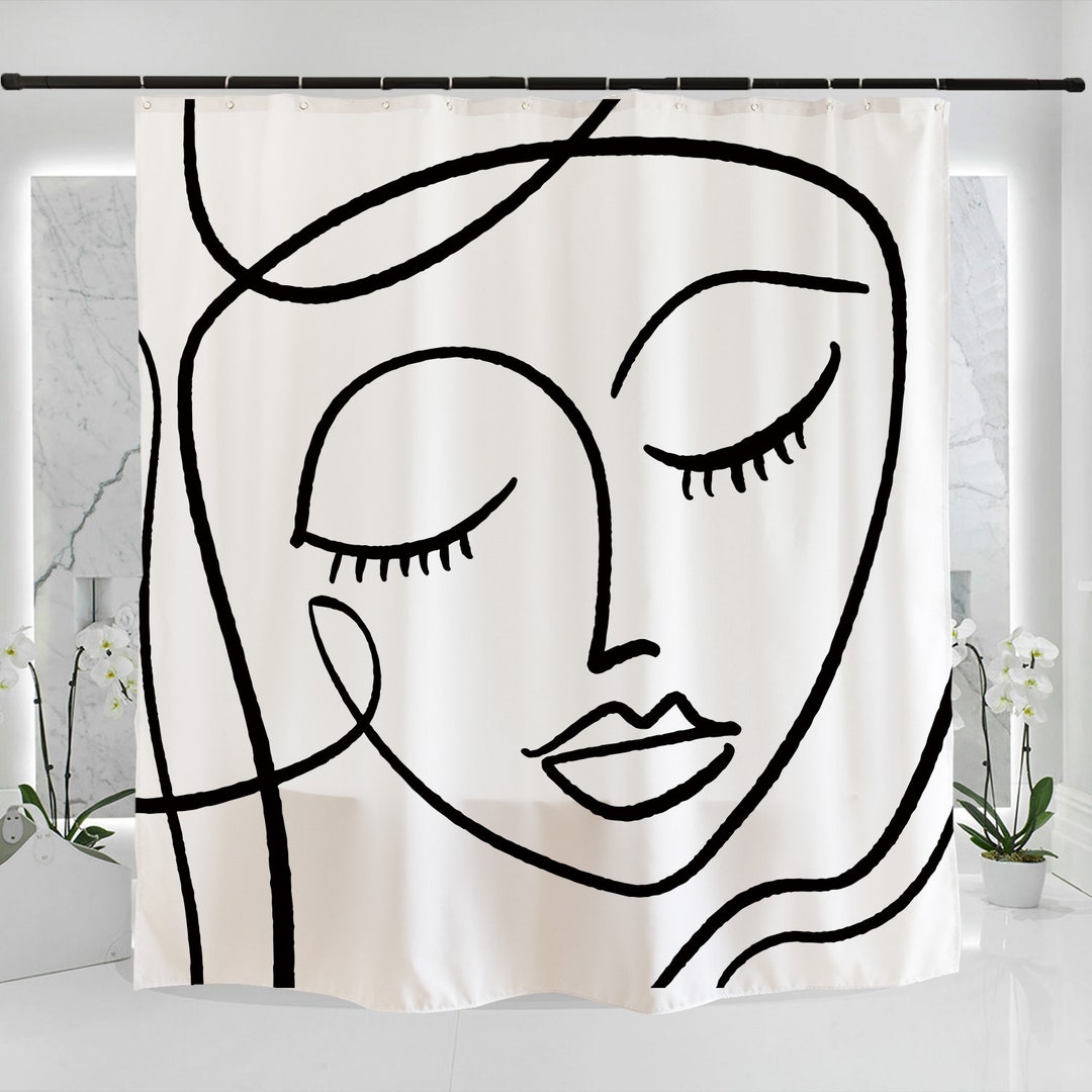 Hand Drawn Black Line Art Shower Curtain Bathroomwaterproof Etsy