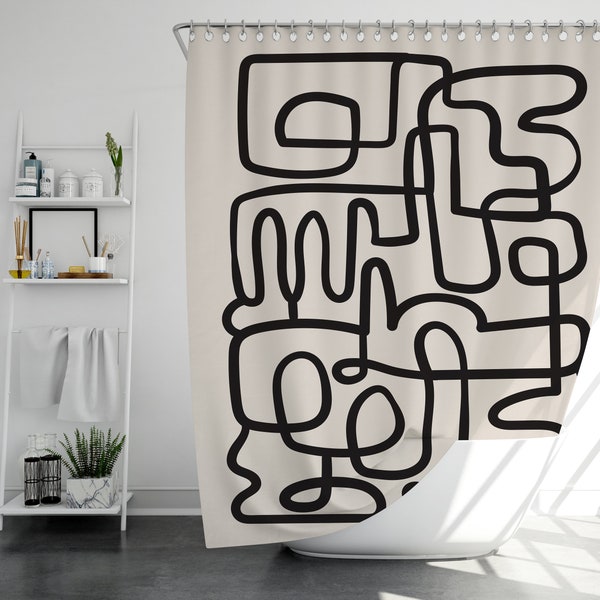 Cortina de chuveiro com estampa abstrata de linhas grossas, impermeável e lavável, 180 x 180 cm, estilo moderno e simples.
