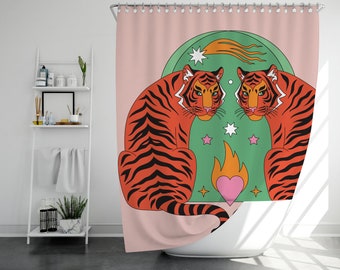 Cute Tigers with Green Arch Shower Curtain Bathroom,Waterproof Washable 71X71in, Fire Heart Tigers Abstract Print Modern Shower Curtain