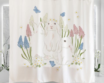 HandDrawn Unique Beautiful Bunny Art Shower Curtain Bathroom,Waterproof Washable 71X71in,Modern Rabbits Art Illustration Shower Curtain