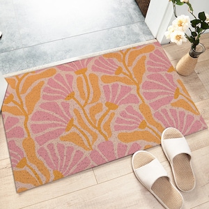 Paillasson d'entrée rose jaune imprimé floral tapis de bobine, tapis de porte utilitaire lavable pour enlever la saleté, tapis de bobine extérieur intérieur, idées de pendaison de crémaillère