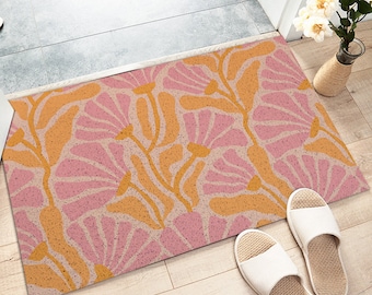 Entryway Doormat Pink Yellow Floral Print Coil Mat, Dirt Remove Washable Utility Door Mat,Indoor Outdoor Coil Mat, Housewarming Ideas