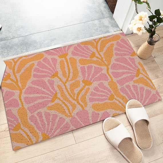Entryway Doormat Pink Yellow Floral Print Coil Mat, Dirt Remove