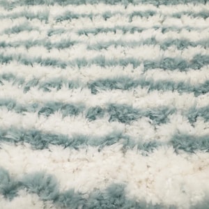 May include: A close-up view of a soft rug with a striped pattern. The rug has alternating bands of white and pale blue-green, creating a plush, inviting surface. The fibres appear fluffy and dense, suggesting a comfortable texture.