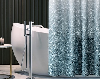 May include: A blue and white patterned shower curtain with a floral design. The curtain is in front of a white bathtub and a silver faucet. The background includes a dark wall and a small side table.