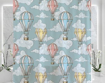 Baby Blue Hot Air Balloon in Sky Shower Curtain,Waterproof Washable 71x71in,Housewarming Gift Idea Shower Curtain,Kids Shower Curtain