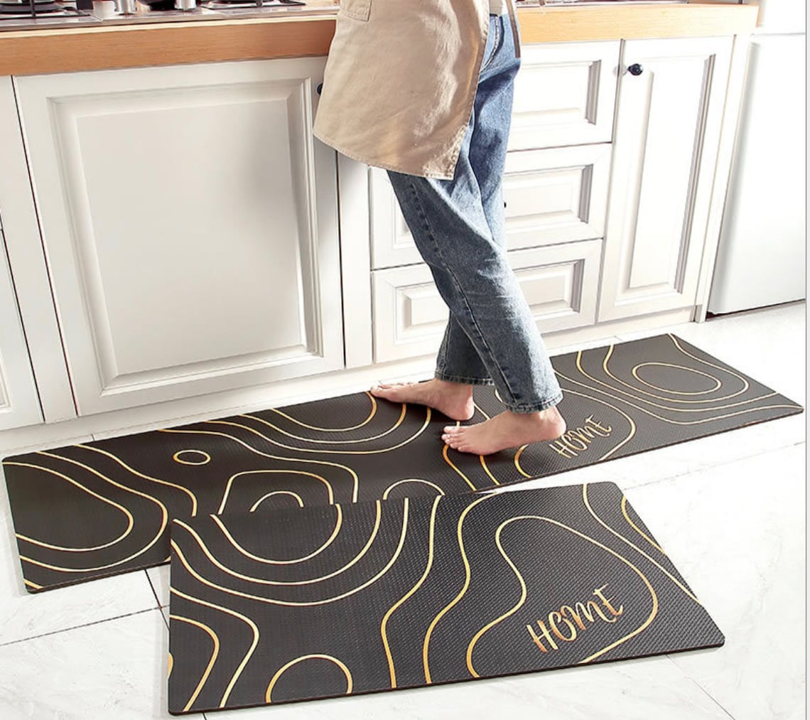 Black and Gold Kitchen Floor Mat Washable Anti Fatigue Non Etsy