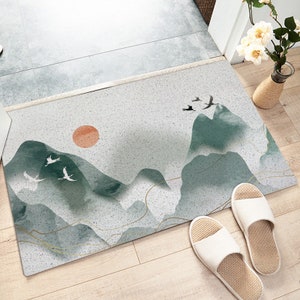 Entryway Doormat Inking Mountain Landscape Print Utility Door Mat, Dirt Remove Washable Entryway Indoor Outdoor Coil Mat, Housewarming Gift