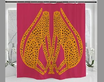 Hand Drawn Cute Leopards Hot Pink Shower Curtain, Waterproof Washable 71x71in,Housewarming Gift Ideas Colourful Animal Print Shower Curtain
