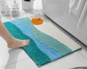 Handcrafted Blue Bath Mat 50x80cm, Tufted Plush Bath Rugs, Washable Bathroom Decor Mat, Embossed Abstract Sunset Blue Landscape Bathmat