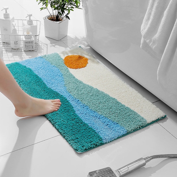 Tapis de bain bleu artisanal 50 x 80 cm, tapis de bain capitonnés en peluche, tapis de décoration de salle de bain lavable, tapis de bain abstrait paysage bleu coucher de soleil en relief