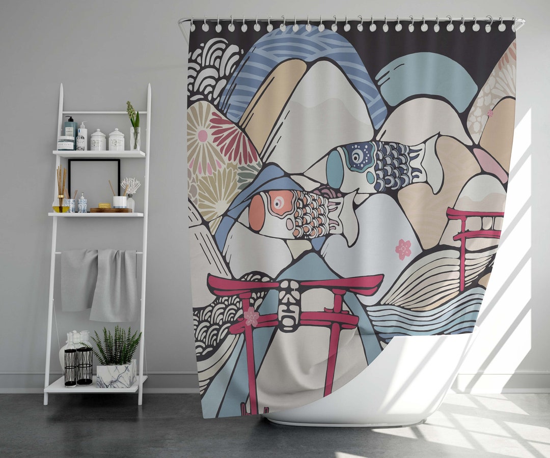 Traditional Japanese Print Shower Curtain, Waterproof Washable 71x71in ...